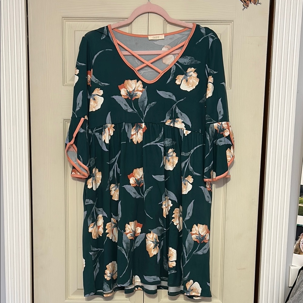 Floral Green Dress with Peach Accents